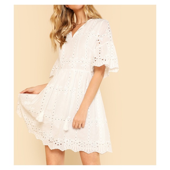 MBM Unlimited Dresses & Skirts - White Short Sleeve Eyelet Tassel Dress